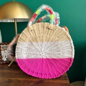 J.Crew Summer Neon White Pink Straw Color Block Crossbody Purse Shoulder Bag